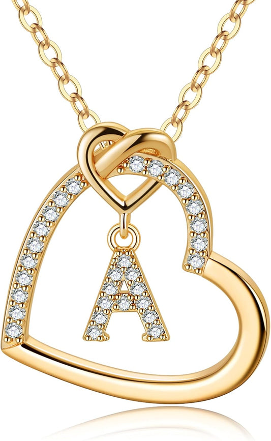 Heart Initial Necklaces for Girls Women - Cubic Zirconia Heart Pendant Initial Necklace, Dainty Initial Letter a - Z Heart Necklace Jewelry Birthday Gifts for Kids Girls Women